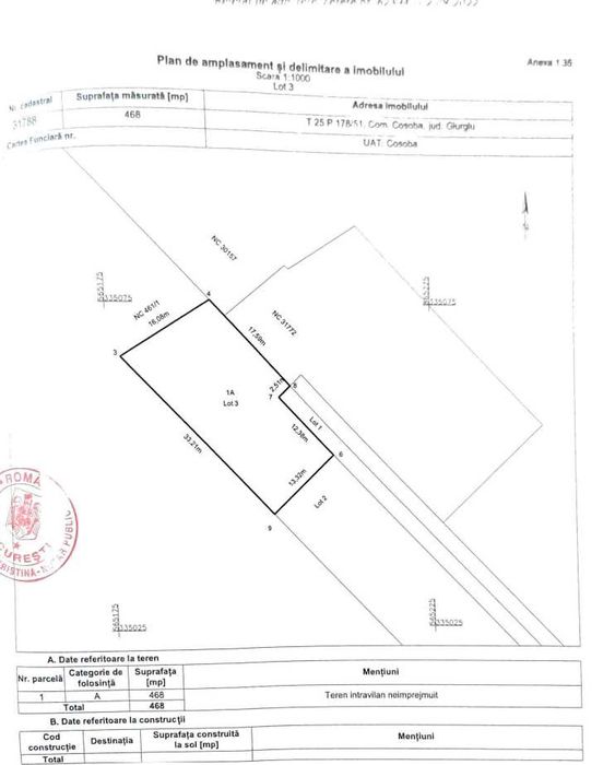 Teren intravilan Cosoba – 5 loturi 460–930 mp– 167 ml –Săbăreni/Joița