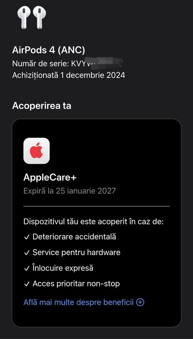 AirPods 4 ANC originale + AppleCare-2027, stare foarte bună