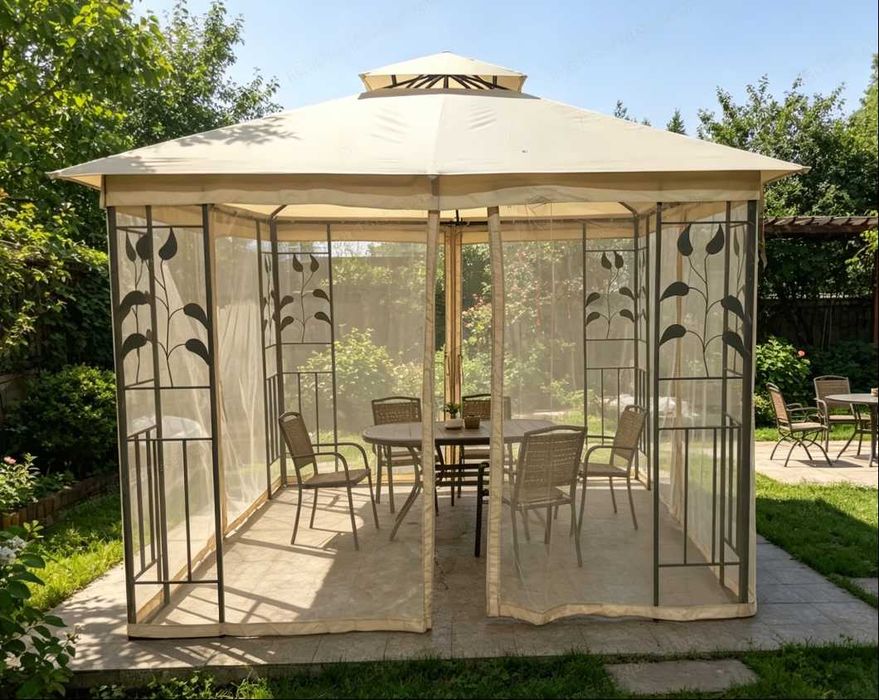 Foișor Grădină Cort 3×3 m din Oțel cu Pereți Laterali și Acoperiș Textil – Gazebo Exterior Bej | Model YS-1201