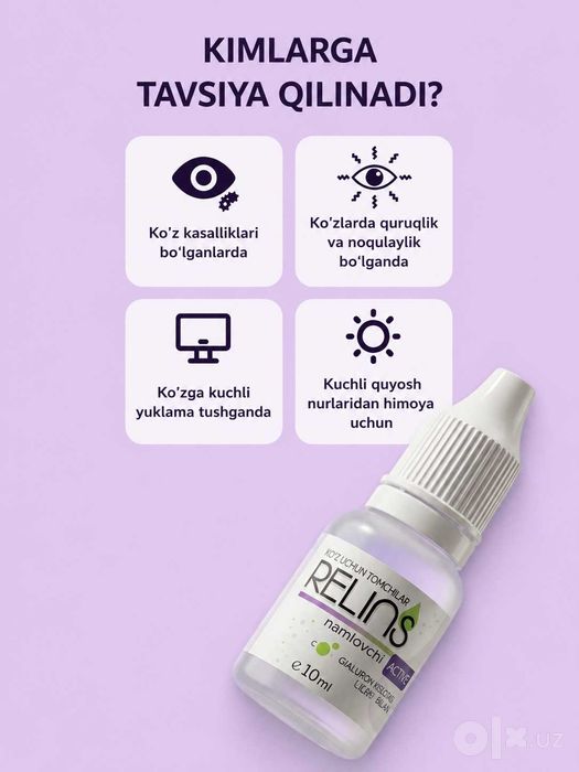 RELINS ACTIVE ko‘z namlantiruvchi tomchilari, gialuron kislotali, 10ml