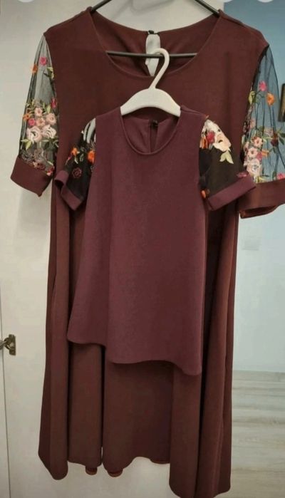 Set rochii elegante mamă gravidă (masura 44) și fiică (1-2 ani), bordo, pentru nuntă / eveniment