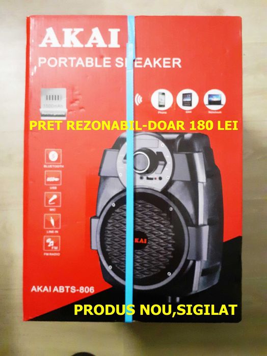 Boxa portabila Akai cu bluetooth,radio,usb si karaoke -noua,sigilata