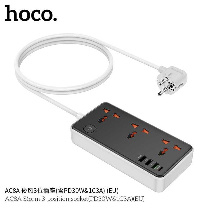 Hoco AC8A Storm Сетевой фильтр 3 розетками и USB-портами PD30W EU/GER