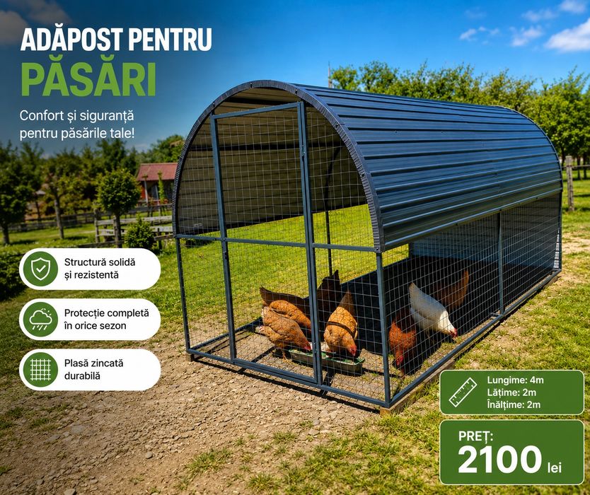 Țarc metalic pentru găini ouătoare și pui de carne – adăpost sigur pentru păsări de curte. 20-30 de gaini. Rezistent si sigur împotriva pradatorilor.
