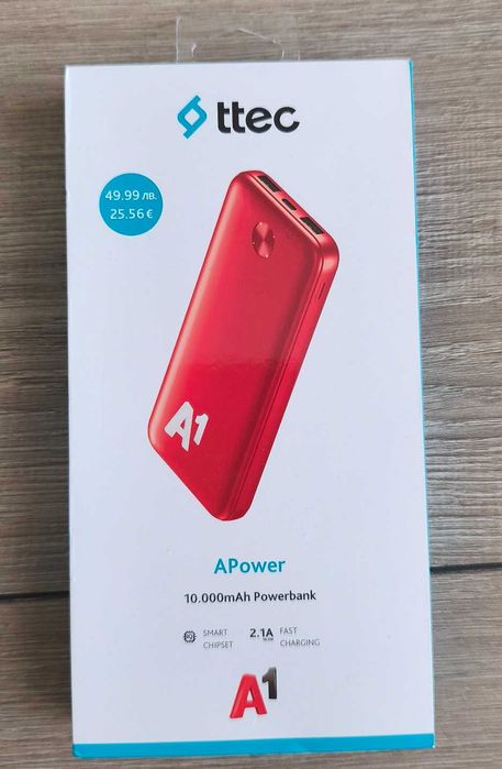Външна батерия TTEC APower A1 10000 mAh нова, бързо зареждане 2.1A
