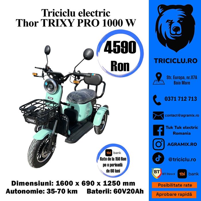 Triciclu electric THOR TRIXY PRO cu CIV,FARA PERMIS nou Agramix
