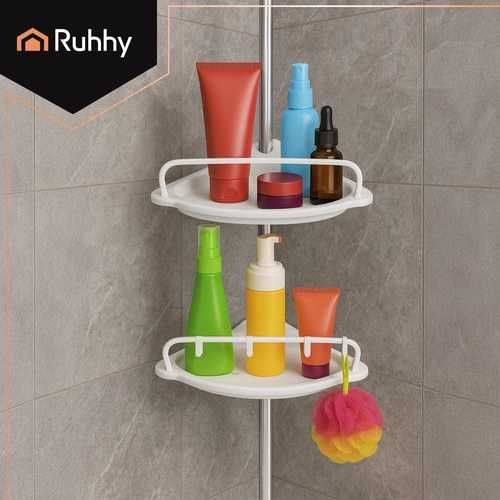Ъглова етажерка за душ, с регулируема височина, 4 рафта, куки, Ruhhy