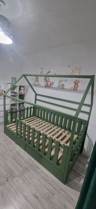 Pat casuta Montessori, pat cu sertare, pat lemn masiv, pat copii