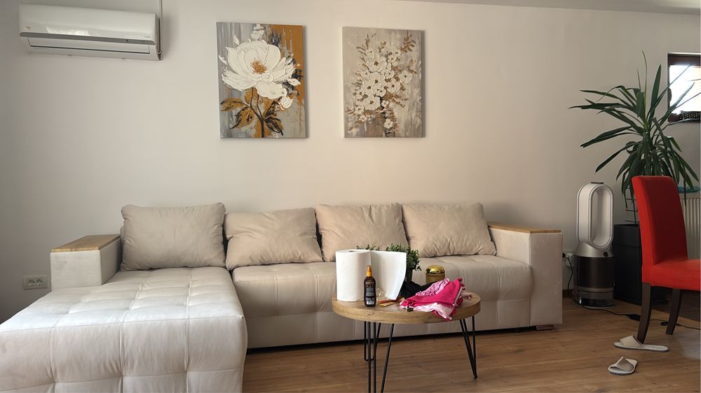 Colțar extensibil Napoli, bej, cu ladă + etajeră, 298 cm – stare foarte bună