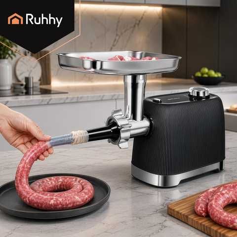 Eлектрическа месомелачка / Месомелачка с пълначка / Мелачка за месо 2400W – с реверс, 3 стоманени решетки и приставка за наденици