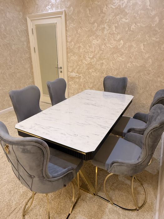 Обеденный стол + 6 стульев | мрамор | велюр | премиум