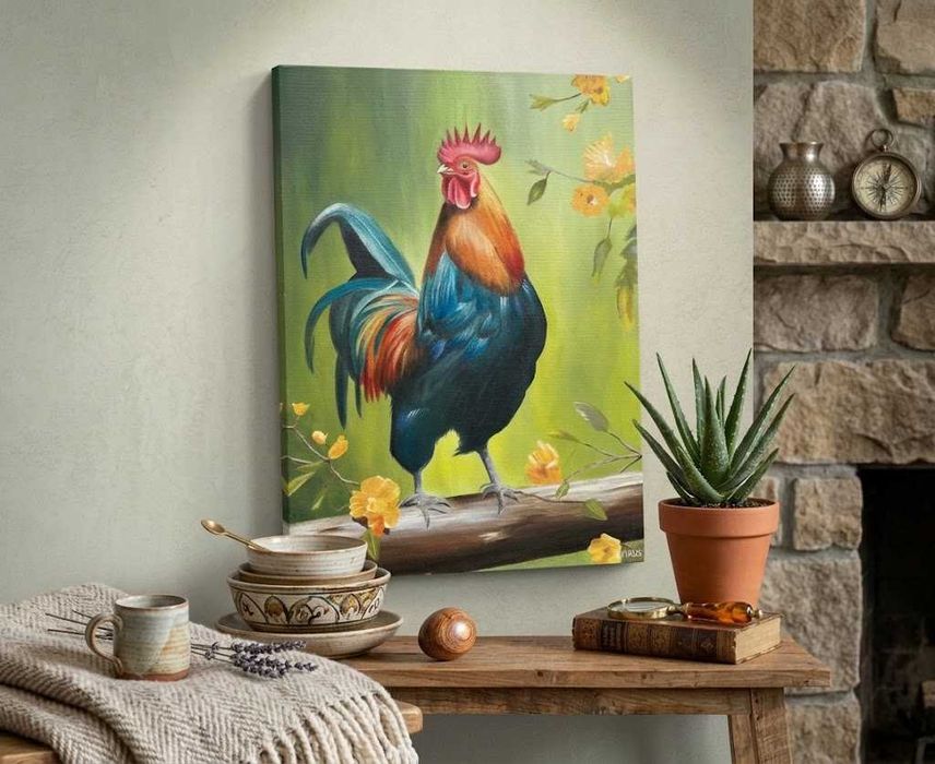 Tablou Pictură Ulei pe Pânză - Cocoș - 55x45 cm - Artă Originală