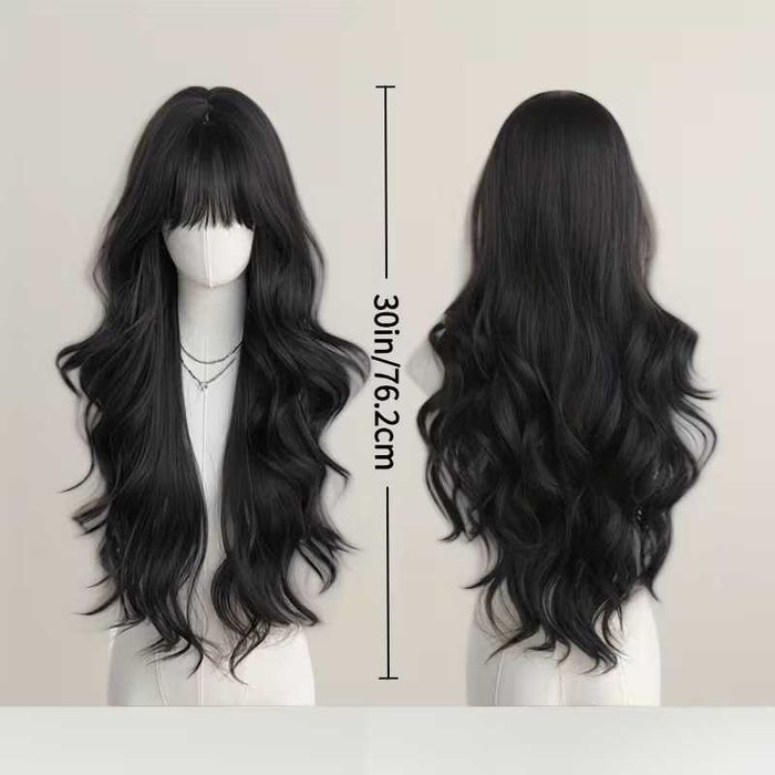 Дълга тъмно кафява чуплива синтетична перука с бретон (75 см)