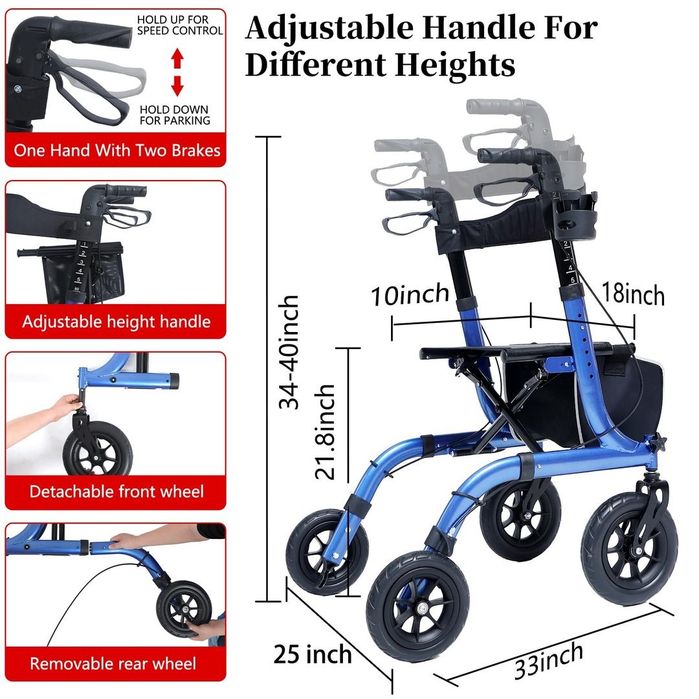 Henmnii Rollator pliabil cu 4 roți, scaun și geantă