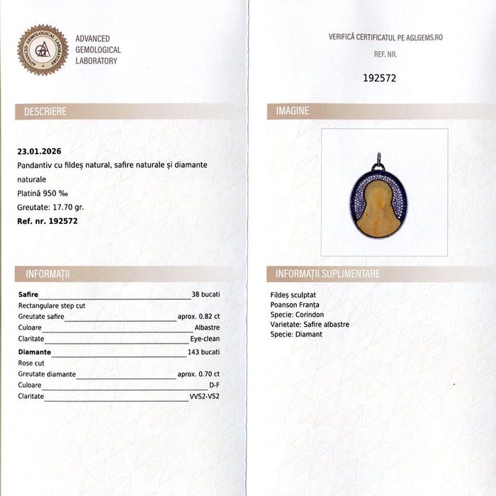 pandantiv antique cca 1900, platina, fildes, diamante, certif.