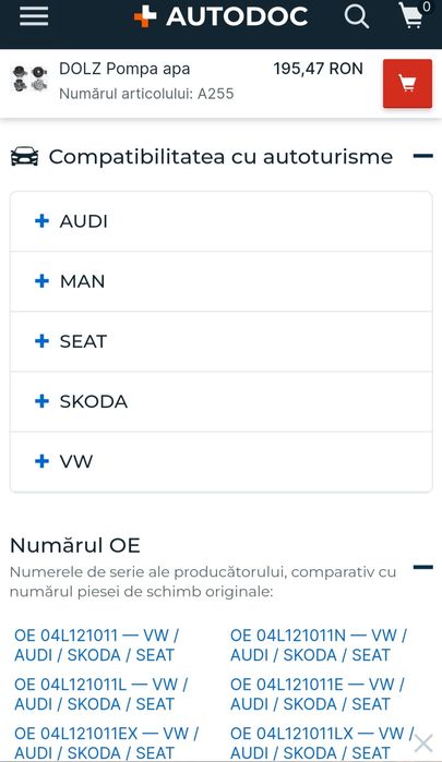 Pompa de apa compatibila cu Audi, Man, Seat, skoda, vw, audi
