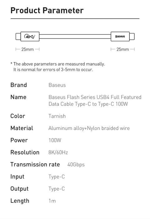Baseus USB4 Type-C to Type-C PD100W 40Gbps 8K-60Hz for MacBook & iPad