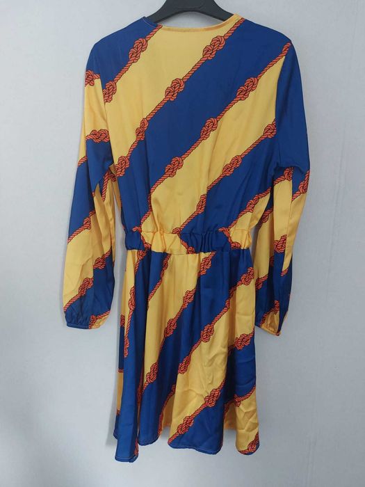 Rochie maneca lunga albastru galben oranj lucioasa