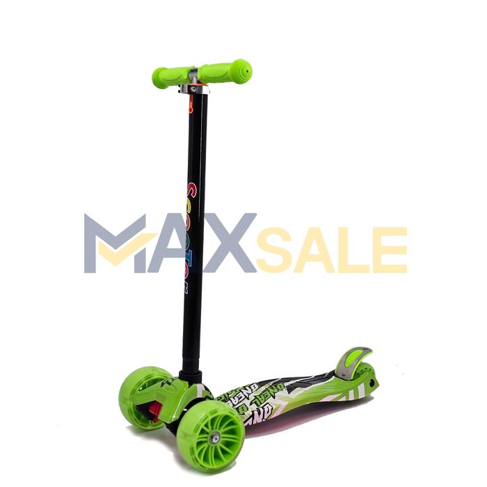Триколка детска тротинетка с 3 светещи колела зелено многоцветно