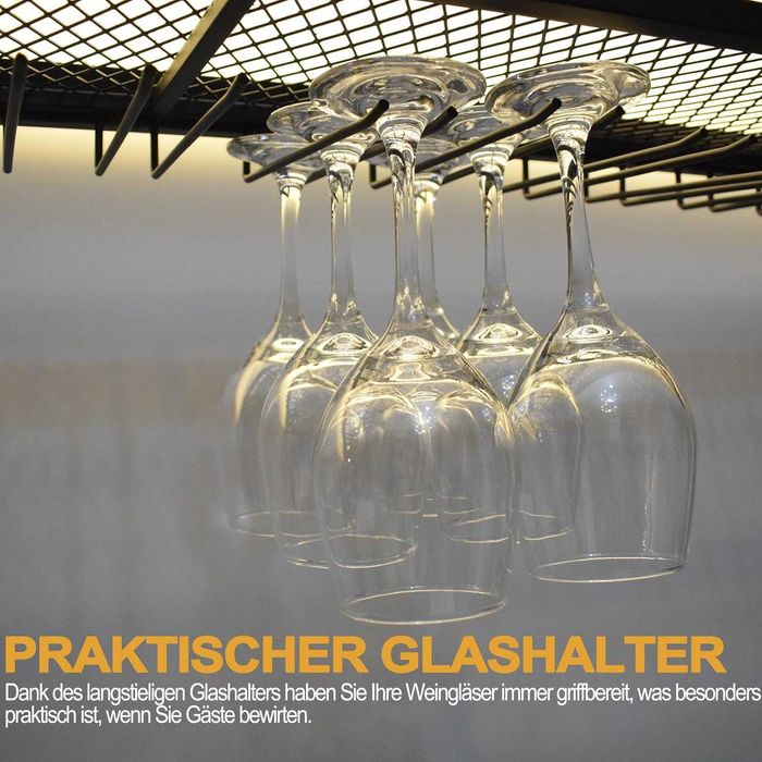 Bar Perete, Crama Perete 150cm cu LED  Metal Auriu/Negru Suport Pahare