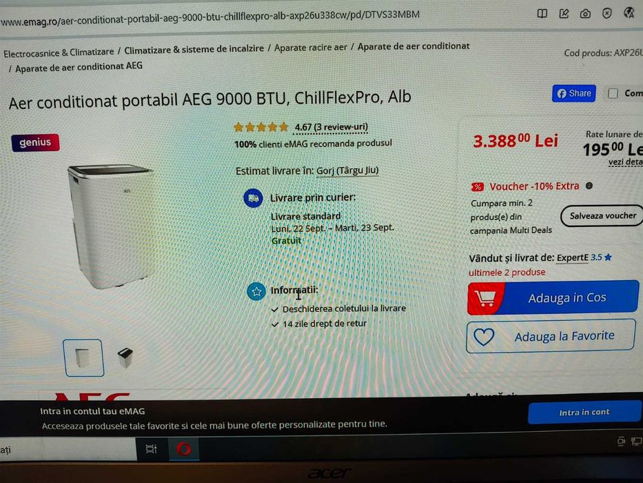 Aer conditionat portabil AEG 9000 BTU ChillFlexPro, pret Emag 3300 lei