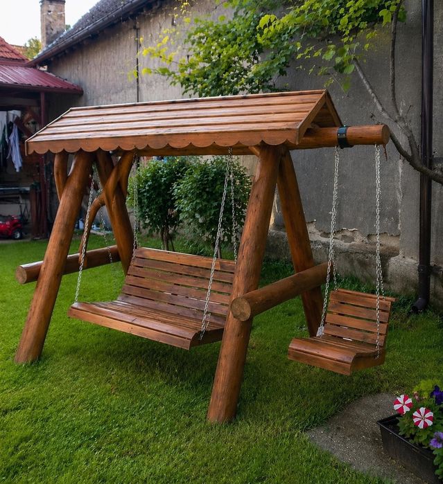 Foisor rustic  din lemn masiv terasa  masă  cu băncuțe