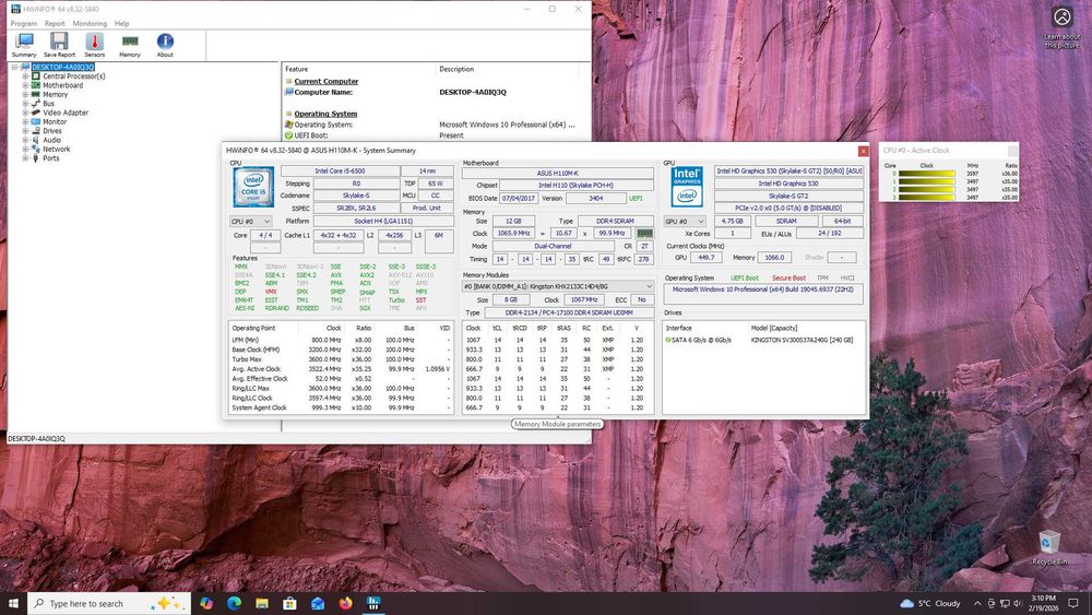 Kit Intel: placa de baza ASUS H110M-K, RAM Kingston 12GB DDR4, procesor i5-6500