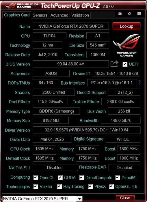 Placa video Asus ROG strix RTX 2070 Super 8 GB, 256 bit, RGB