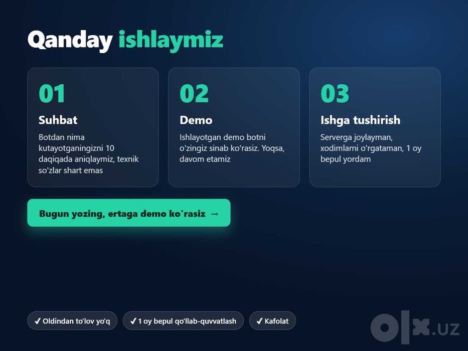 Telegram bot yasash | Buyurtma bot, CRM, avtomatlashtirish | 2-4 kun
