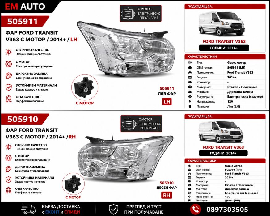 Фарове Ford Transit V363 2014+ с мотор LH RH | Ford Transit / Форд Транзит | Предни фарове Transit Custom