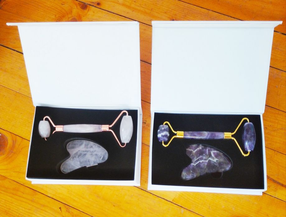 ЛУКС КОМПЛЕКТ ролер и Гуа Ша - аметист кварц нефрит авантюрин КОЛЕДА