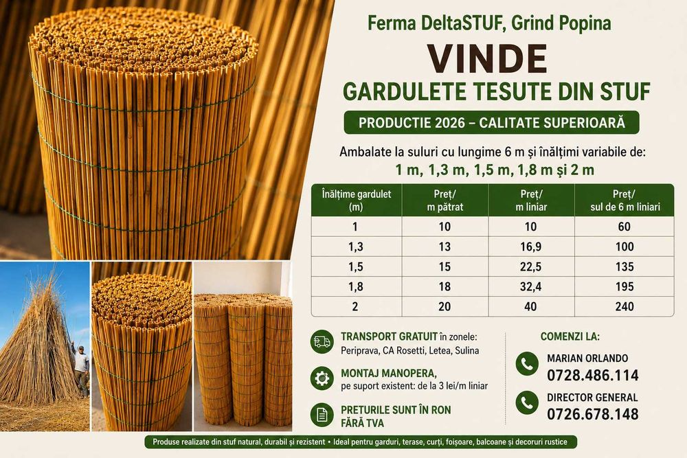 Vindem Rulouri gard stuf natural pentru gard, terasa, curte, balcon, umbrire | Role 6 metri | Diverse inaltimi | Producator direct Delta Dunarii
