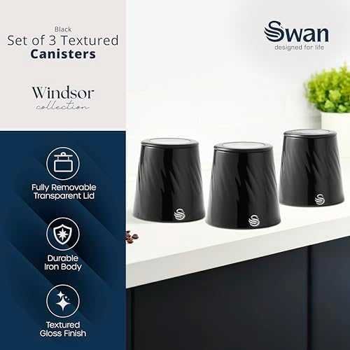 Нови Метални кутии за съхранение Swan Windsor 3 броя 1.3L черни за чай кафе захар