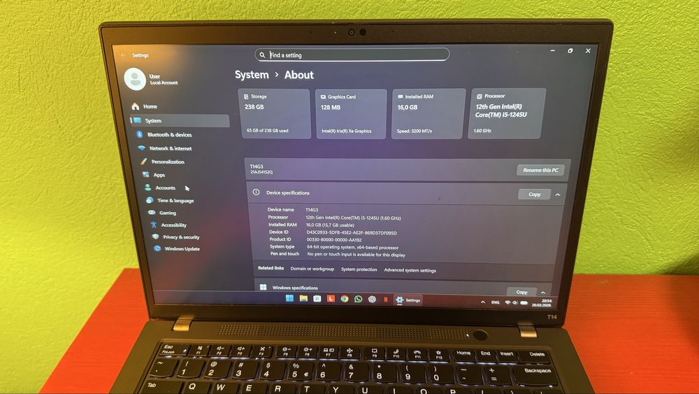 Thinkpad T14 Gen 3, core I5-1245U, 16 GB RAM, 256GB SSD NVME ca NOU