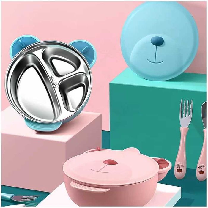 Bol termic copii, autoderapant, compartimentat, set tacamuri, albastru