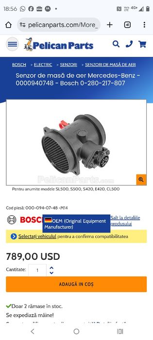 Debitmetru aer  Mercedes-Benz -000.094.07.48 l-Bosch 0-280-217-807