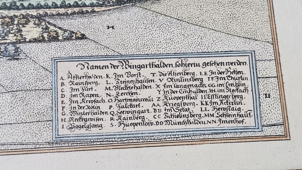 Veduta panoramica Stuttgart 1594 - interpretare dupa Braun & Hogenberg – rama aurita – documente