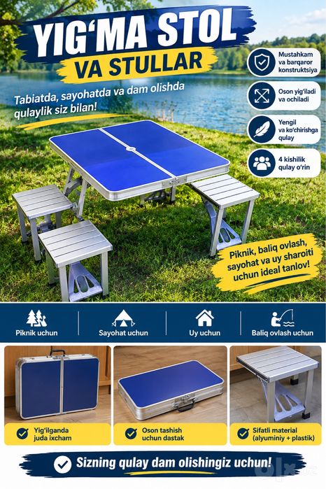 Yigma stoll stul. Piknik uchun qulay yigiladgan