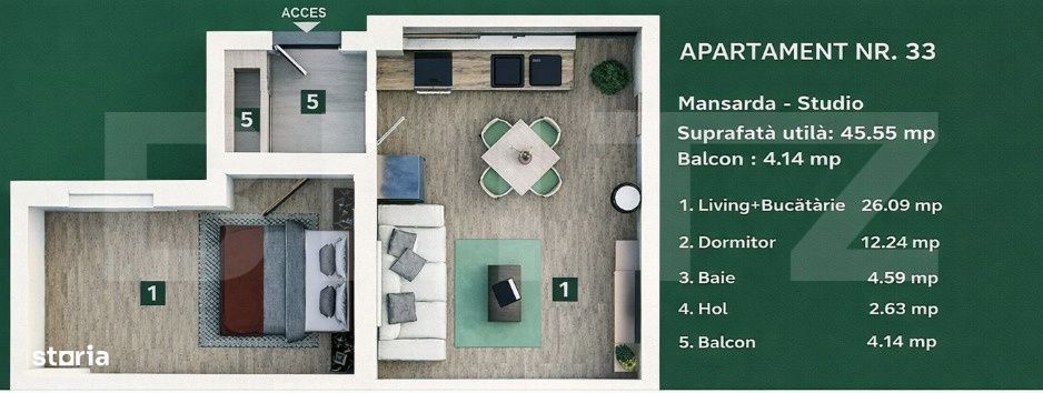Apartament 2 camere, living cu bucatarie open space, balcon –45 mp u