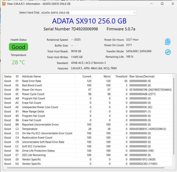 SSD Adata XPG SX910 SSD 256GB 100%