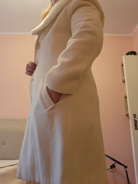 Макси Бяло Шампанско палто яке връхна дреха с пухена яка