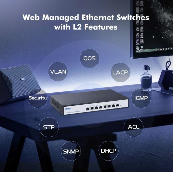Switch retea 10G YuLinca M10G080GT RJ45 8 port gestionat,negociere automată Ethernet 10G/5G/2.5G/1000M,lățime bandă 160Gbps,suport LACP/QOS/VLAN/IGMP