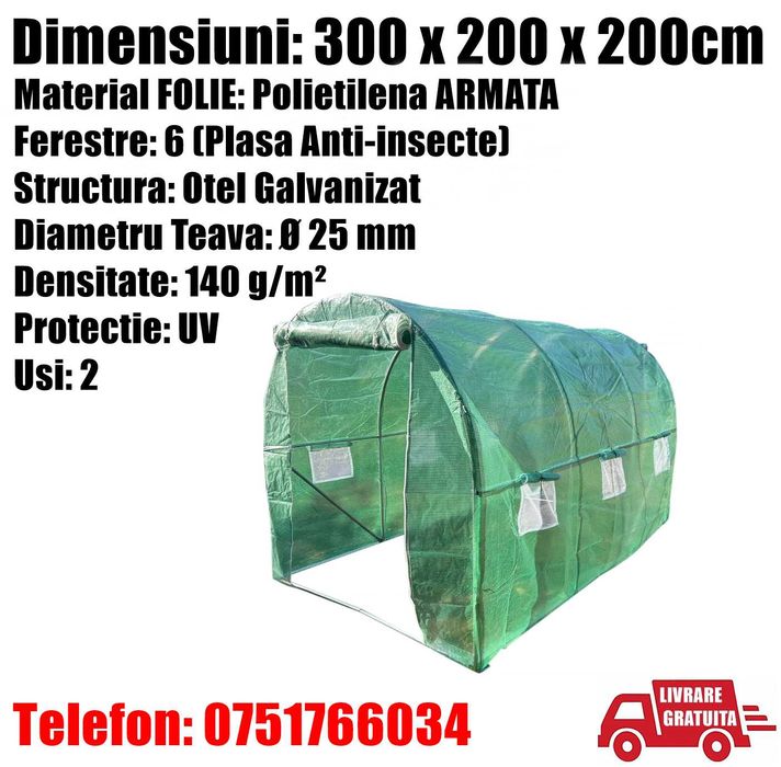 Sera Solar Gradina Tunel Cadru Otel Folie Polietilena Geam Usa 3x2x2m