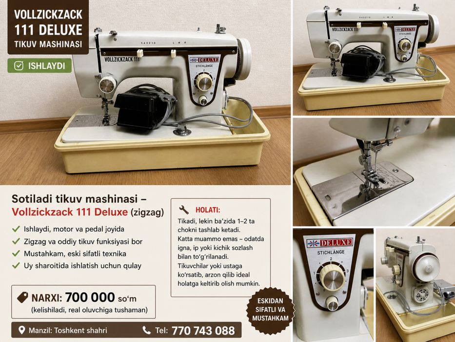 Tikuv mashinasi Vollzickzack 111 Deluxe, ishlaydi, pedal bilan