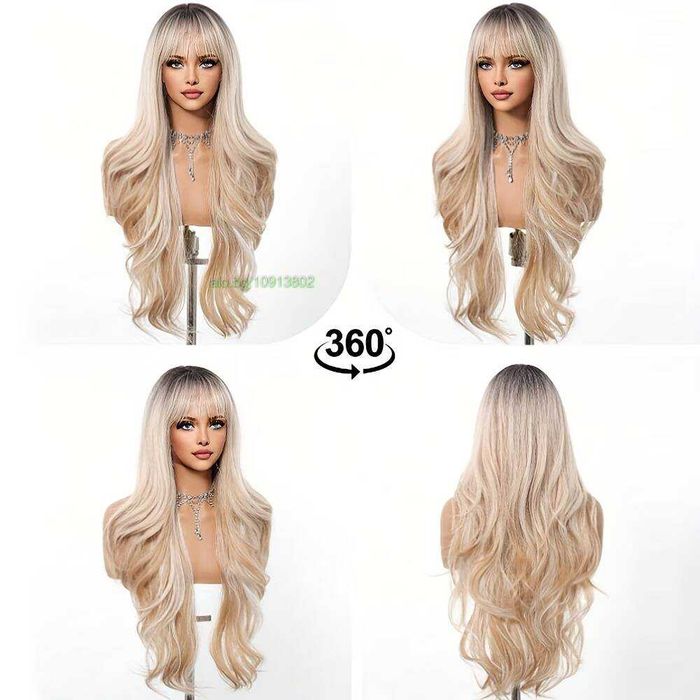 Ефектна руса перука с омбре преливане, тъмни корени и бретон