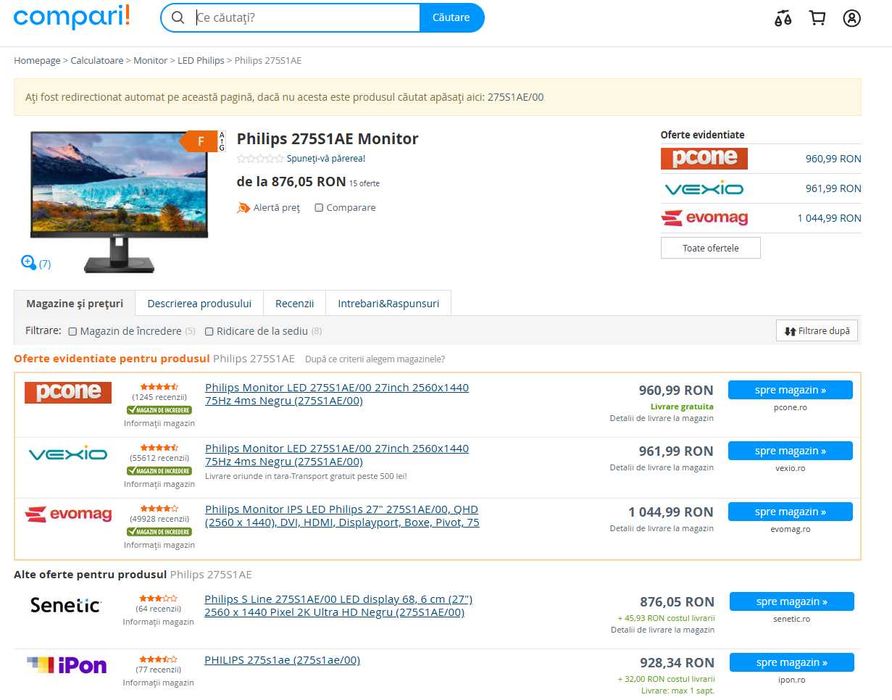 Monitor 27" Rezolutie 2K (1440p) 75Hz Impecabil Philips 27" 275S1AE/00