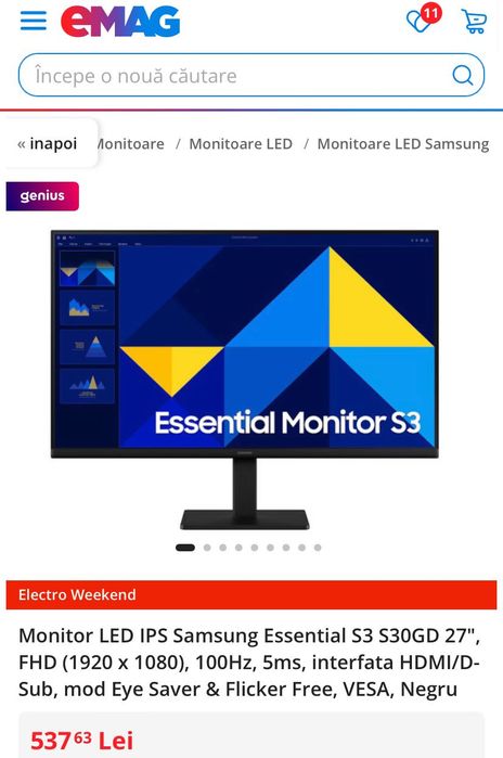 Vând Monitor LED IPS Samsung Essential S3 S30GD 27",nou