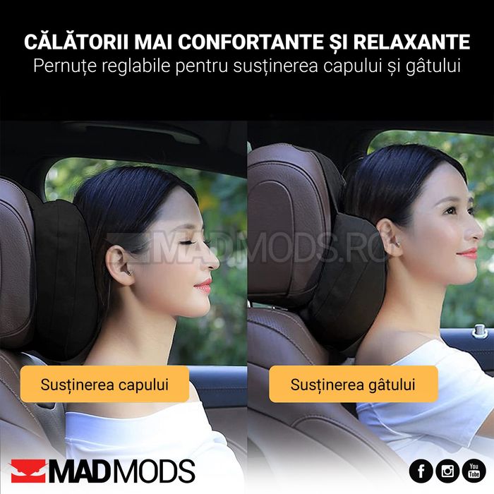Pernute tetiera auto, reglabile, alcantara, negre, cu scai, Universale