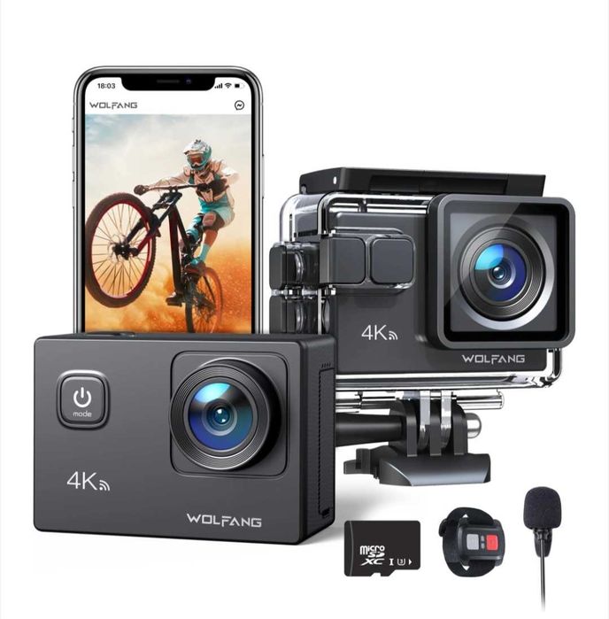 Camera de actiune WOLFGANG GA100 4K, Noua - Pachet complet + 2 Baterii