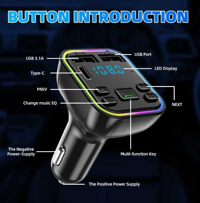 FM трансмитер Bluetooth с LED дисплей 2x USB и Type-C 3.1A